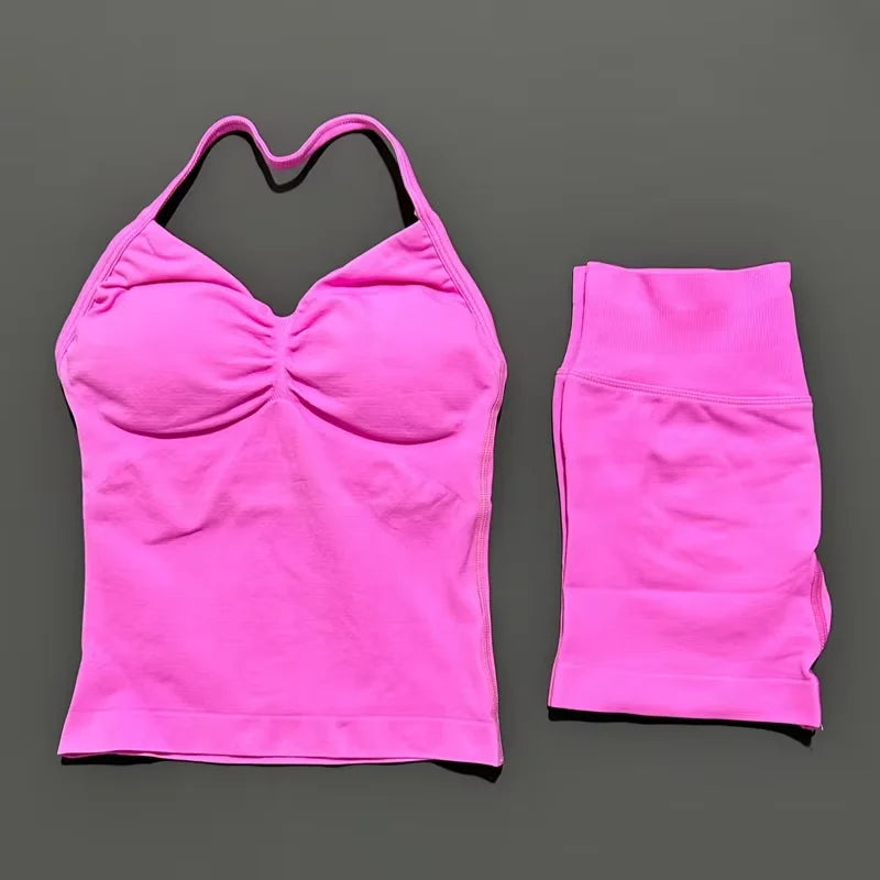 HISTELLO 2 Pieces Sports Set Women Yoga Longline Strap Top Scrunch Seamless Shorts Sport Gym Set Sportswear Workout Fitness Set Quick Pick Grocers