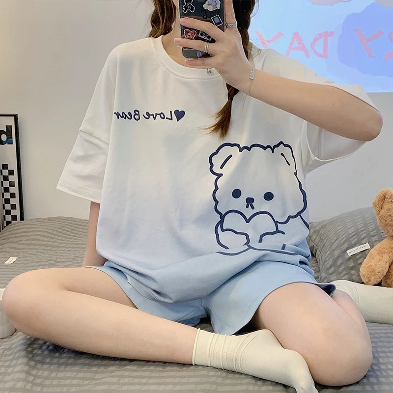 New Pajamas Female Summer Large Size Short-Sleeved Homewear Suit Korean Version of the Student Sweet and Lovely Ladies Homewear Quick Pick Grocers