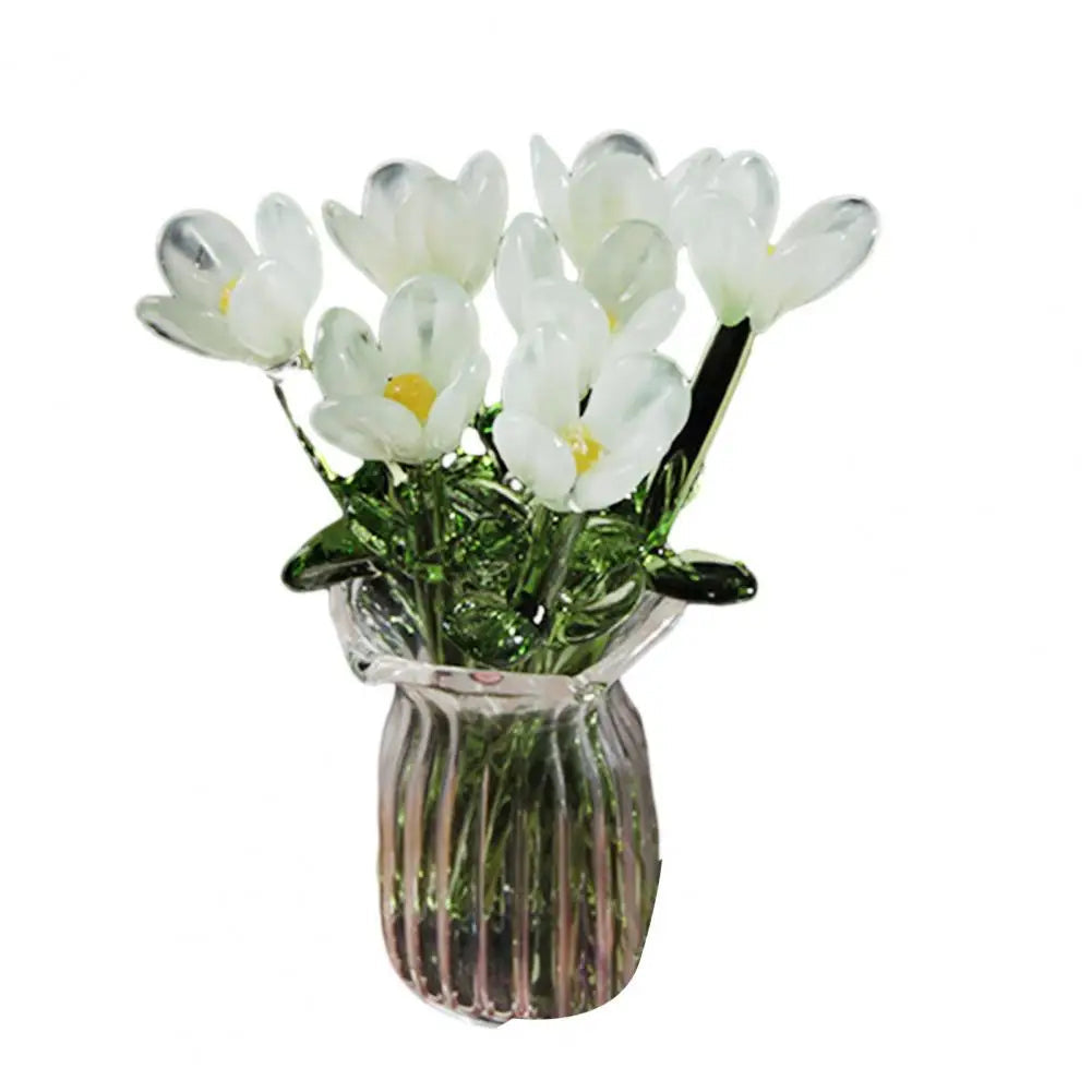 Glass Flower Decor Handcrafted Floral Sculpture Hand-blown Glass Flower Bouquet with Vase Mini Floral Decoration for Home Room Quick Pick Grocers