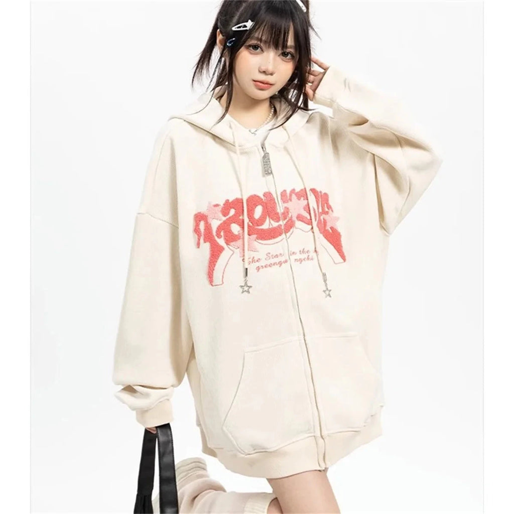 Fashion Embroidery Zip Up Hoodies Women Autumn Long Sleeve Tops Loose Hood Shirt Harajuku Y2K Clothes Female Sweatshirt Jacket Econic Blanks