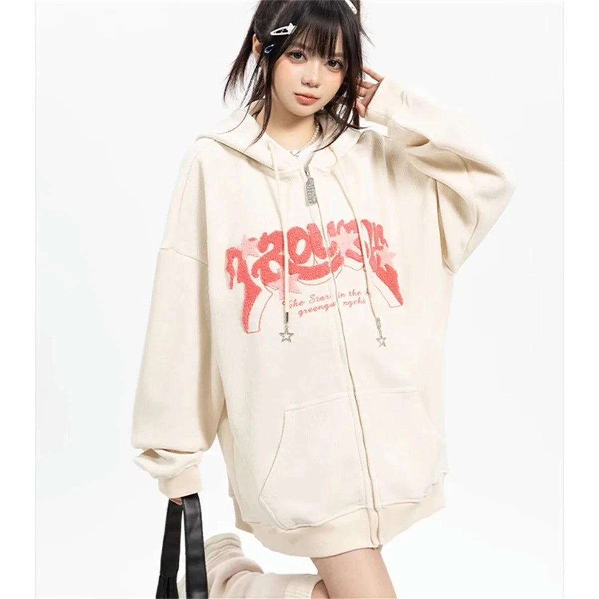 Fashion Embroidery Zip Up Hoodies Women Autumn Long Sleeve Tops Loose Hood Shirt Harajuku Y2K Clothes Female Sweatshirt Jacket Econic Blanks