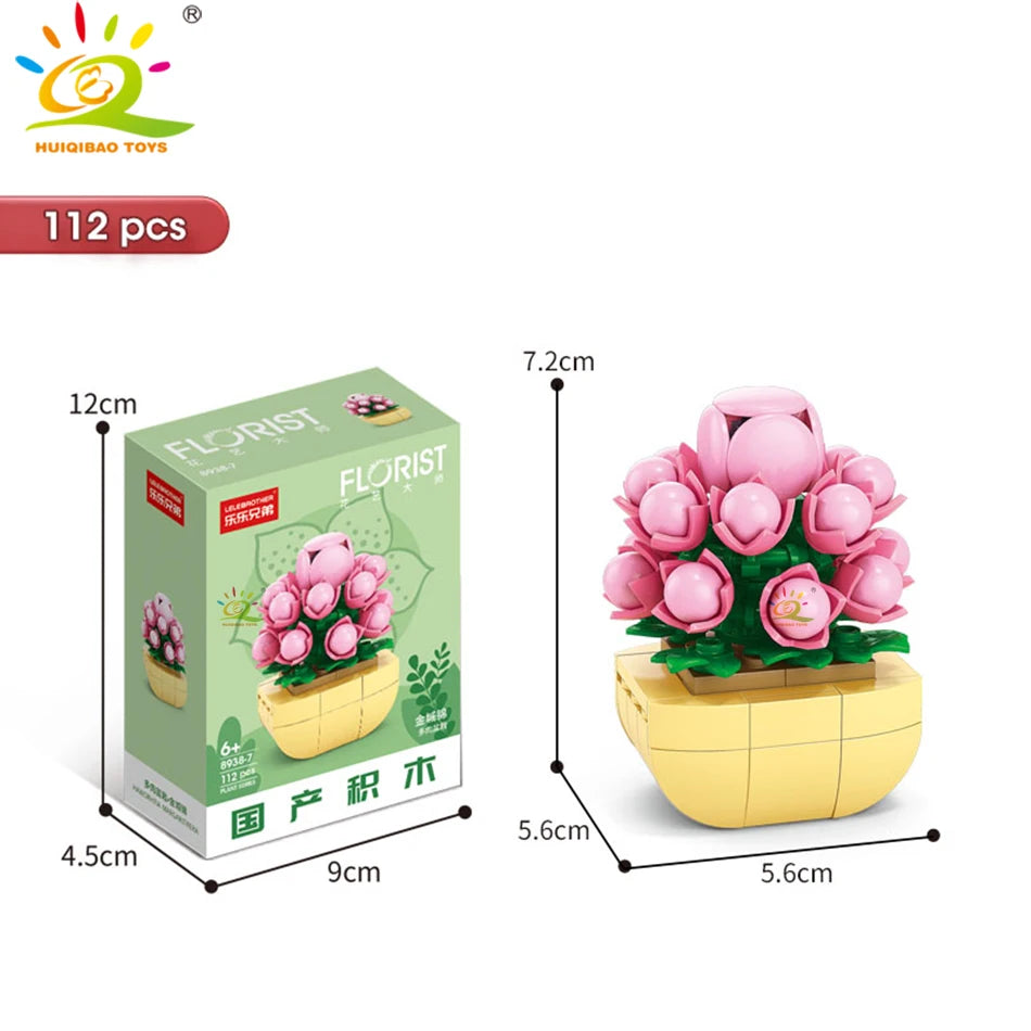 HUIQIBAO MOC Flower Succulent Potted Model Building Block DIY Eternal Bouquet Home Desk Plant Decor Brick Girl Gift Children Toy Quick Pick Grocers