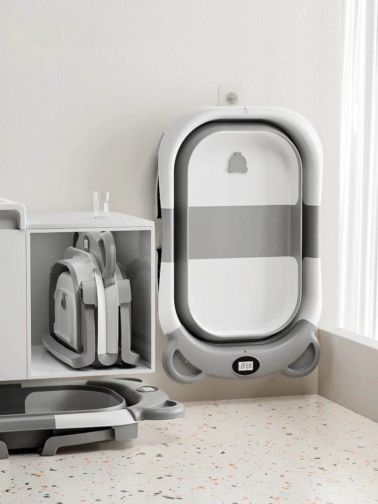 Portable Travel Bathtub, Collapsible Baby Bathtub, with Thermometer &1Soft Floating Cushion, with Drain Hole,For Baby 0-36 Month Purest Peak
