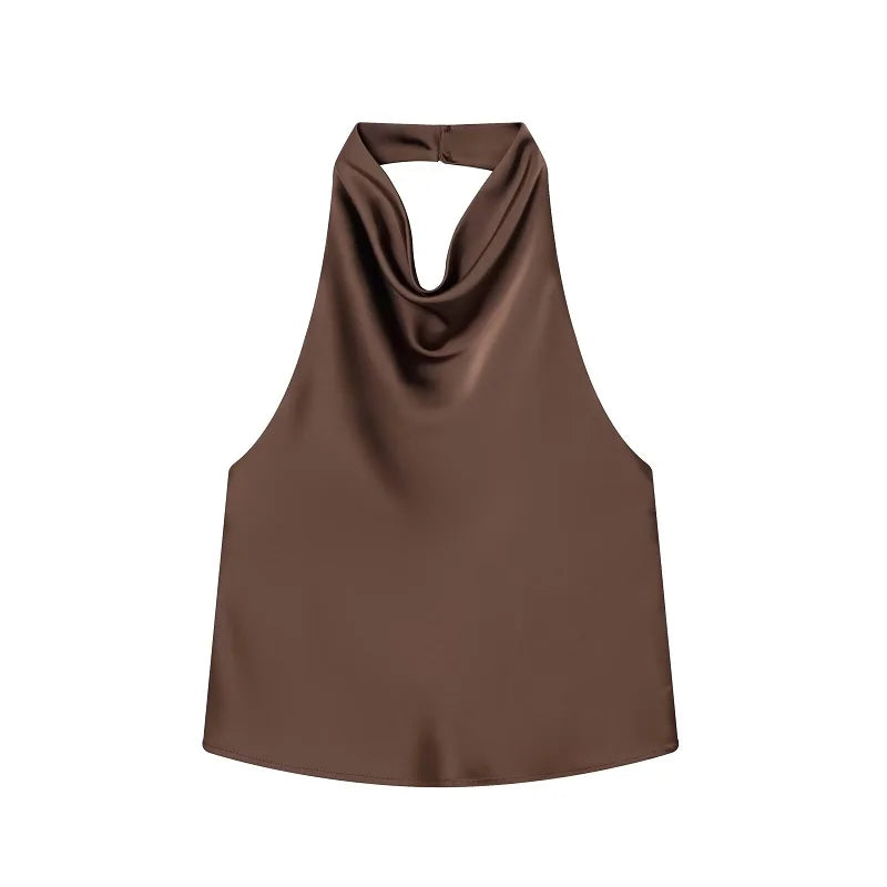 MUJER 2026 Halter Tops for Women Black Satin Backless Top Female Pink Summer Beach Top Woman off Shoulder Camisole Top Women Quick Pick Grocers
