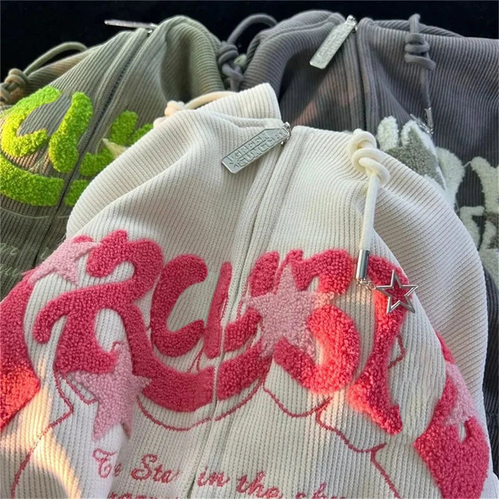 Fashion Embroidery Zip Up Hoodies Women Autumn Long Sleeve Tops Loose Hood Shirt Harajuku Y2K Clothes Female Sweatshirt Jacket Econic Blanks