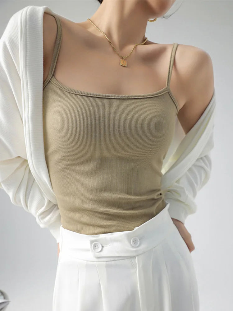 Women's Summer Basic Sleeveless Tank Top Spaghetti Strap Slim Fit Stretch Knitted Solid Color Camisole Quick Pick Grocers