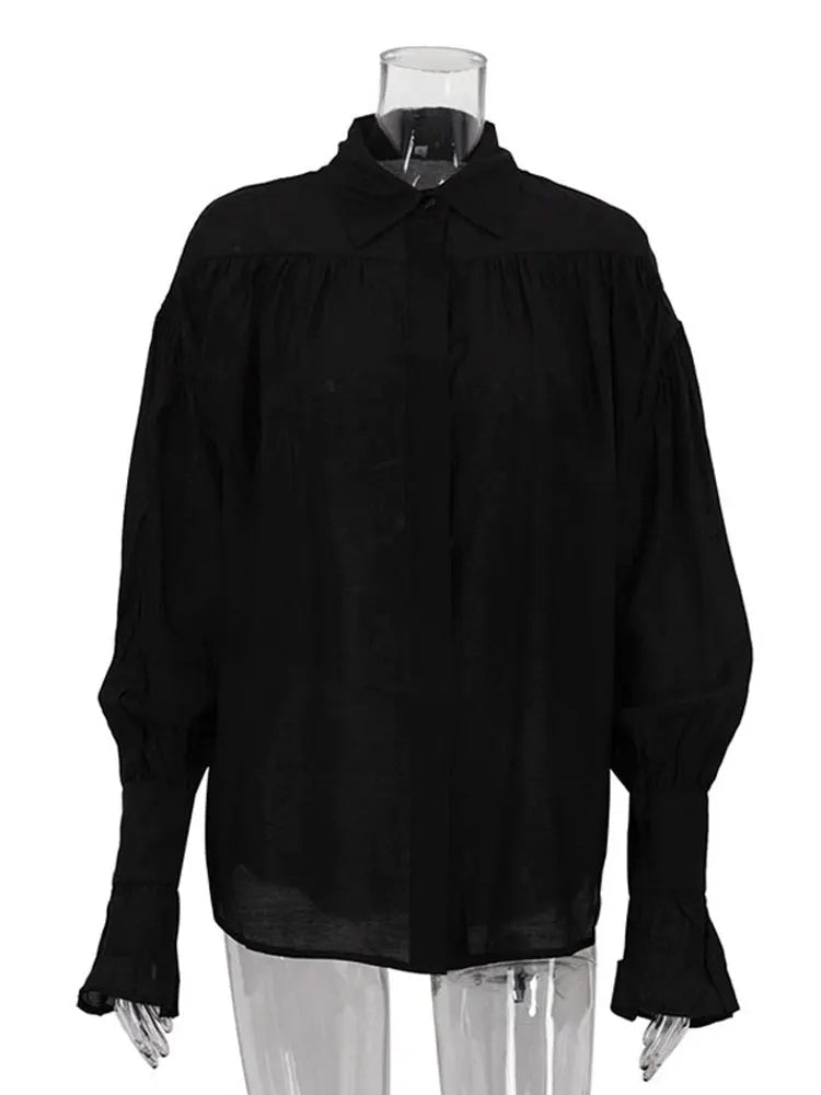Tossy Casual Loose See-Through Shirts Women's Autumn Lapel Long Sleeve Patchwork Blouse Top Streetwear Female Solid Shirts Top Quick Pick Grocers