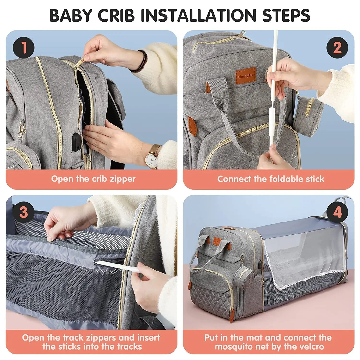 3 In 1 Diaper Bag Backpack Foldable Baby Bed Waterproof Travel Bag with USB Charge Diaper Bag Backpack with Changing Bed 3 types Purest Peak