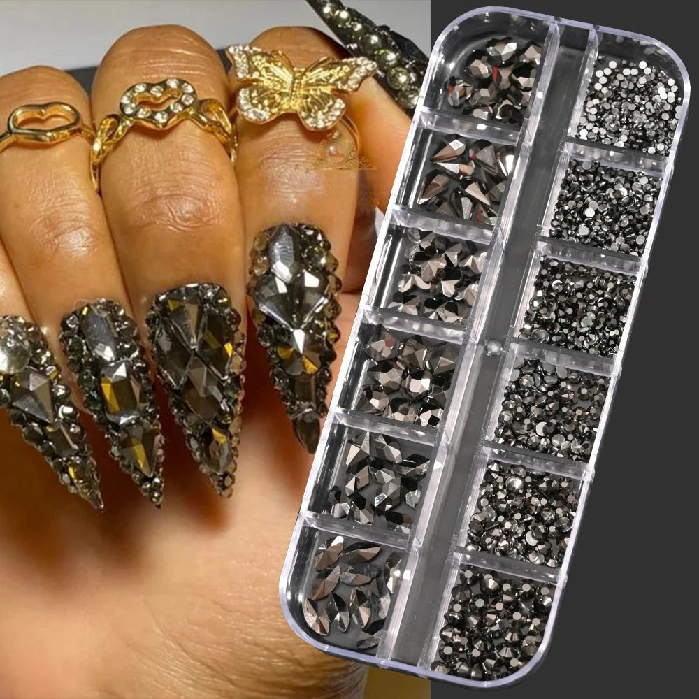 12Grids SS6-SS30 Mixed Nail Rhinestones Shiny Clear/Gold/Pink/Blue Diamond Flat-back Nail Gems Glass Stones Nails Decoration Econic Blanks