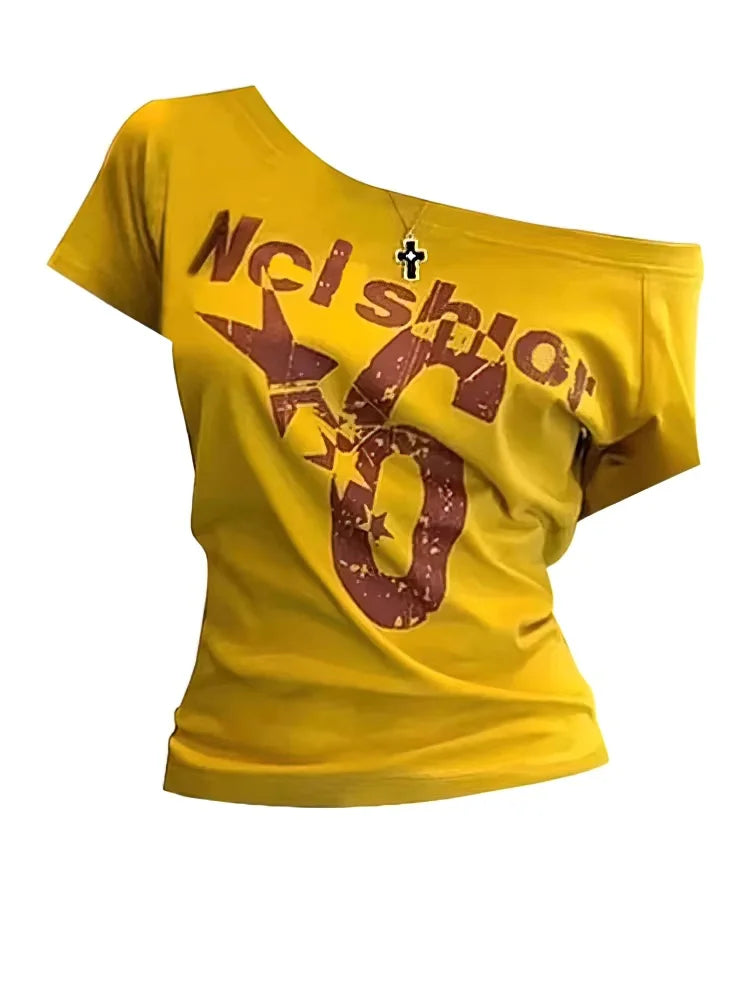 Y2k Sport Summer Off shoulder Top Women Sexy Vintage 2000s Short sleeve T shirt Lady Body Basic Crop Top Female Casual Quick Pick Grocers