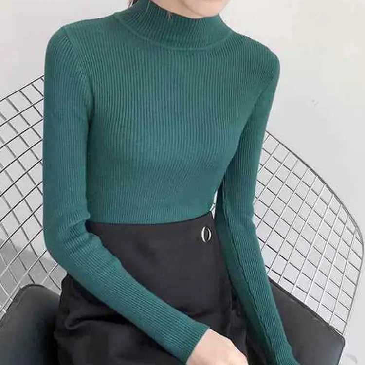 Autumn Winter Mock Neck Women Sweater Vintage Basic Solid Knitted Tops Casual Slim Pullover Korean Sweaters Simple Chic Jumpers Quick Pick Grocers