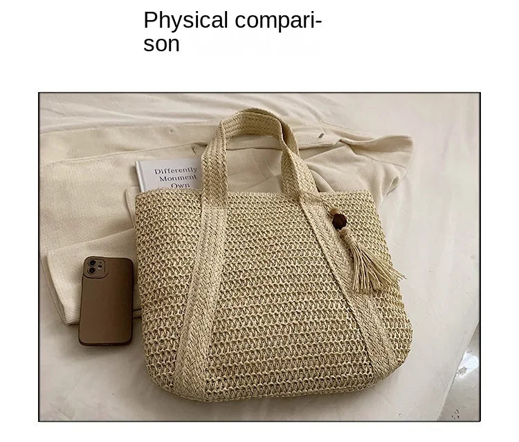 Elegant Ladies Straw Woven Handbag Women Holiday Beach Commute Casual Tote Top-Handle Bags Fashion Retro Shoulder Bags 2024 Quick Pick Grocers
