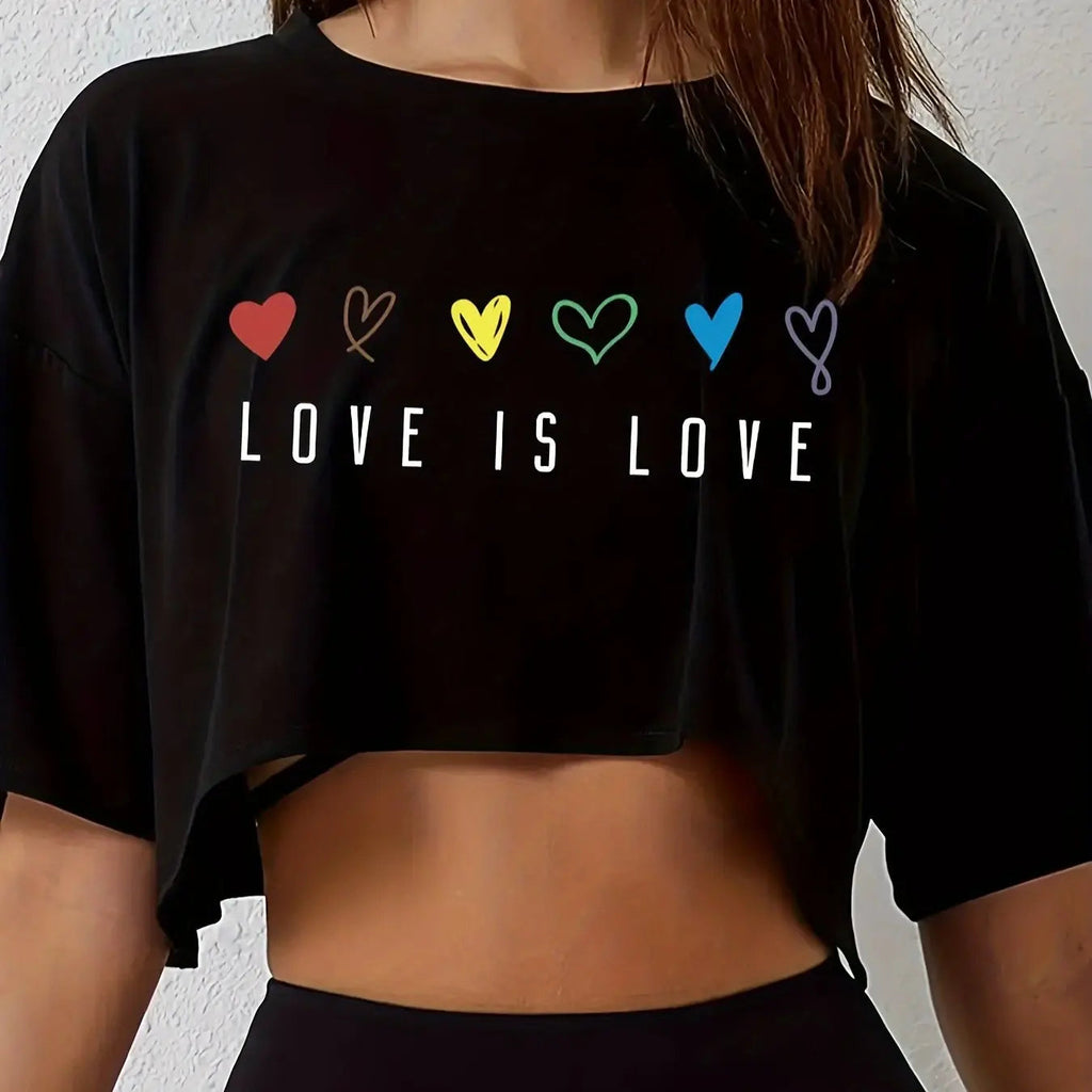 Womens Vibrant Pride Crop Top T-Shirt - Short Length Casual Loose Fit Breathable Medium Stretch Polyester Colorful Heart Quick Pick Grocers