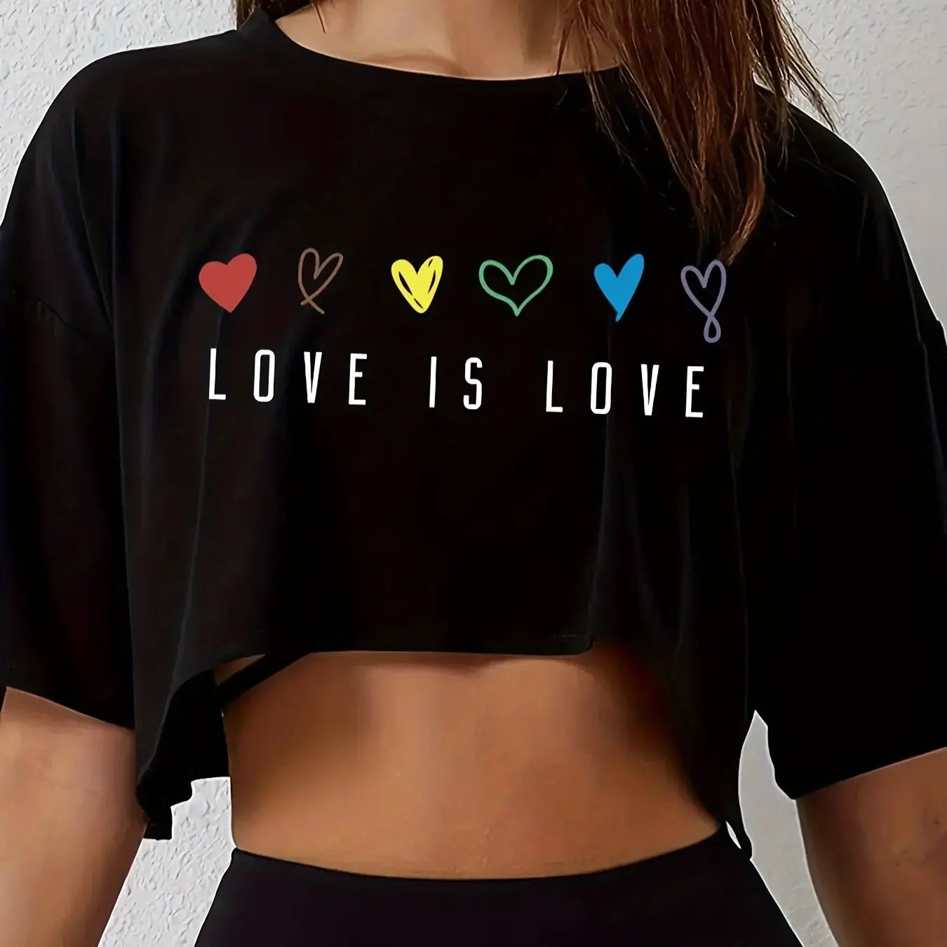 Womens Vibrant Pride Crop Top T-Shirt - Short Length Casual Loose Fit Breathable Medium Stretch Polyester Colorful Heart Quick Pick Grocers