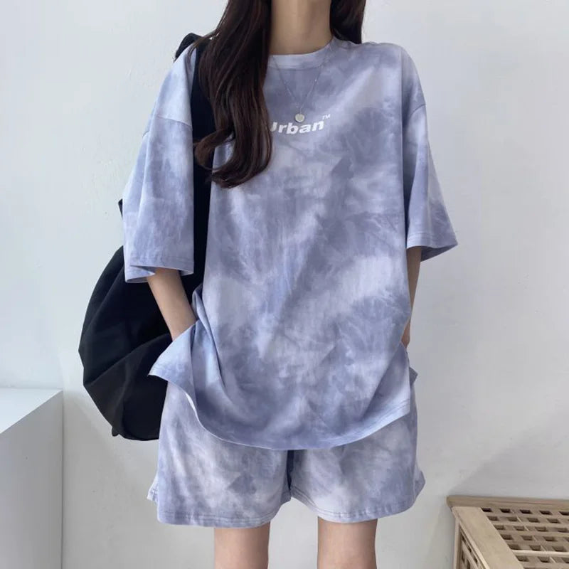 Women T-Shirt Shorts Suit Set Casual Tie Dye Loose tshirt and wide leg middle shorts with pockets female Soft Summer Shorts Sets Quick Pick Grocers