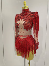 Women Sparkly Rhinestone Sequin Tassel Stretch Bodysuits 2025 New Arrival Birthday Party Nightclub Dj Stage Performance Costume Quick Pick Grocers