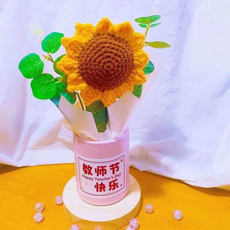 Knitted Flower Bouquet Crochet Rose Flowers Hugging Bucket New Year Gifts Living Room Desk Decoration Mother's Day Gift Quick Pick Grocers
