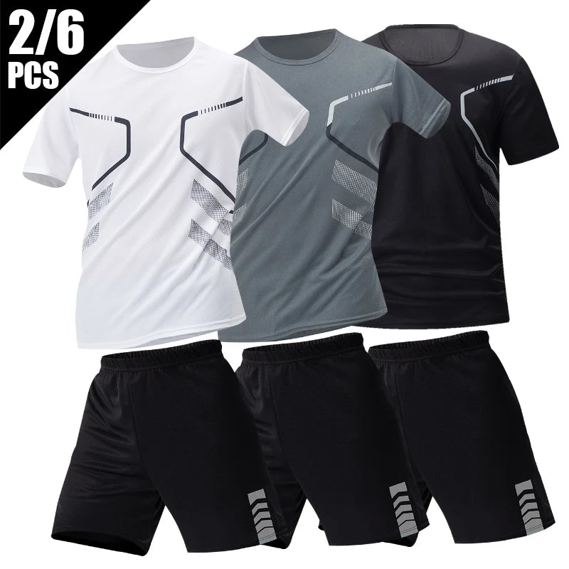 2/4/6 Pcs Plus Size Men's Quick-drying Short-sleeved Shorts Suit Men's Leisure Sports Running Fitness T-shirt Joker Shorts Teen Quick Pick Grocers