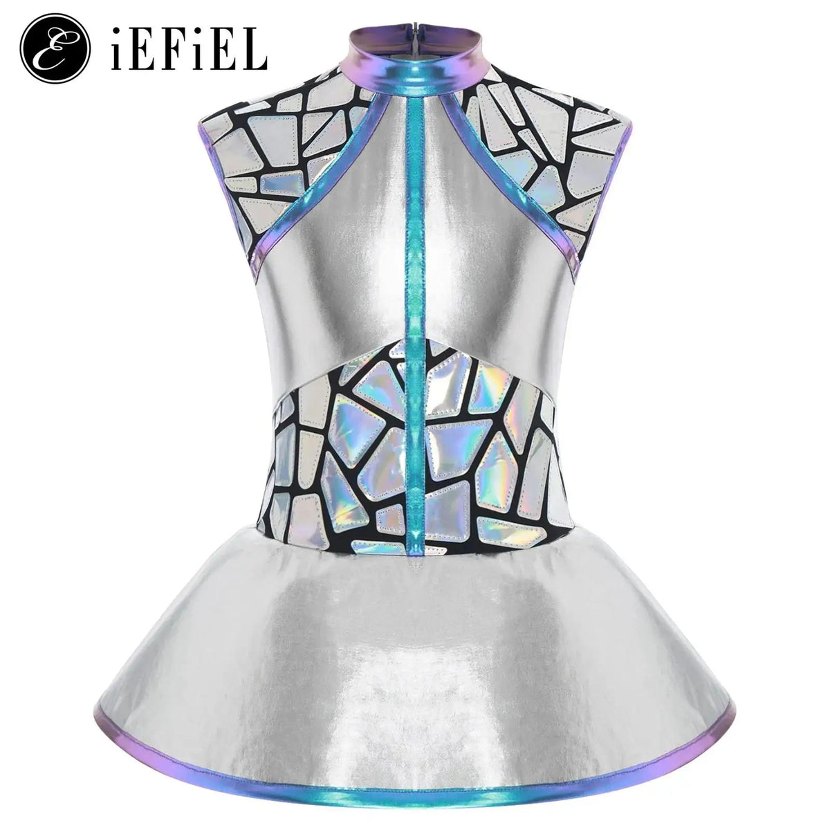 Girls Shiny Alien Outerspace Halloween Cosplay Costume Sleeveless Mock Zip Neck Tutu Dance Dress for Future World Party Quick Pick Grocers