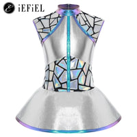 Girls Shiny Alien Outerspace Halloween Cosplay Costume Sleeveless Mock Zip Neck Tutu Dance Dress for Future World Party Quick Pick Grocers