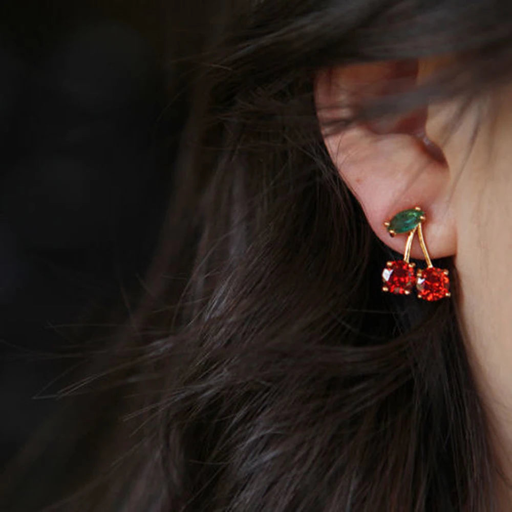 2024 Red Zircon Cherry Leaf Stud Earrings Women Piercing Jewelry For Fashion Crystal Dangle Party Prom Birthday Wedding Gifts Quick Pick Grocers