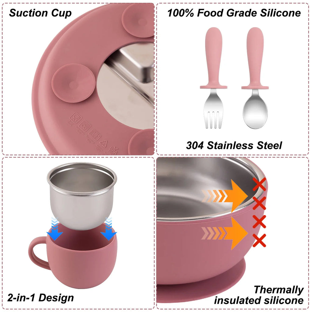 5PCS Stainless Steel Dishes Plate Baby Feeding Set With Detachable Silicone Sucker Bowl BPA Free Infant Fork Spoon Cup Gifts Purest Peak