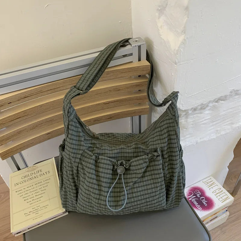 Korean Nylon Shoulder Bags Fashion Simple Plaid Zipper Tote Drawstring Pleated Cloud Bags New Commuter Crossbody Shoulder Bag Quick Pick Grocers