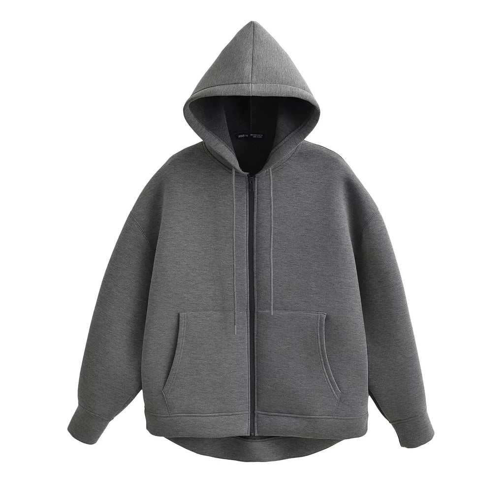 HH Autumn Women Gray Jacket With Hood Long Sleeve Big Pocket Zipper Jacket Coat Woman Loose Casual Outerwear Coat Tops Econic Blanks