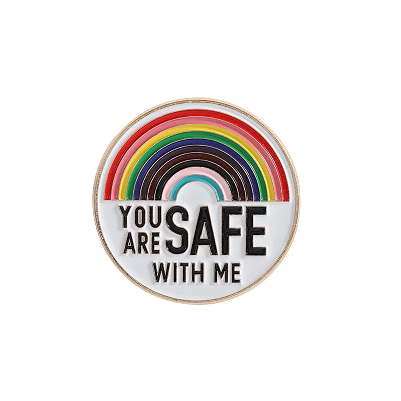 LGBTQ Pride Collect You Are Safe With Me Enamel Pins Rainbow Spaceship UFO Shield Cat Brooches Lapel Badges Jewelry Lover Gifts Quick Pick Grocers