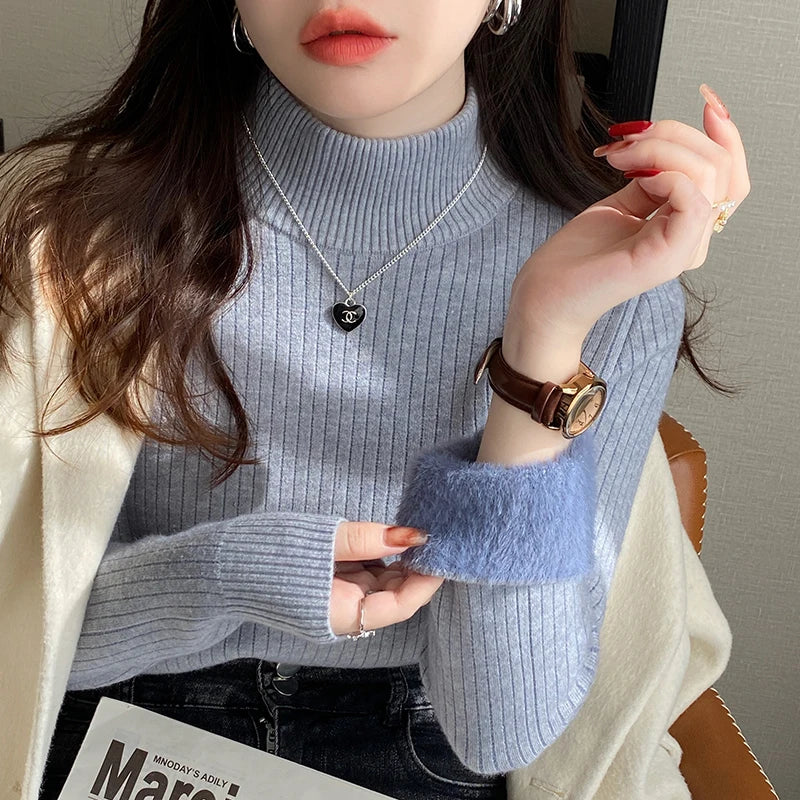 Women's Turtleneck Sweater Winter 2026 Retro with Velvet Lining Thickened Inner Wear Thermal Knitting Bottoming Shirt Pullovers Quick Pick Grocers