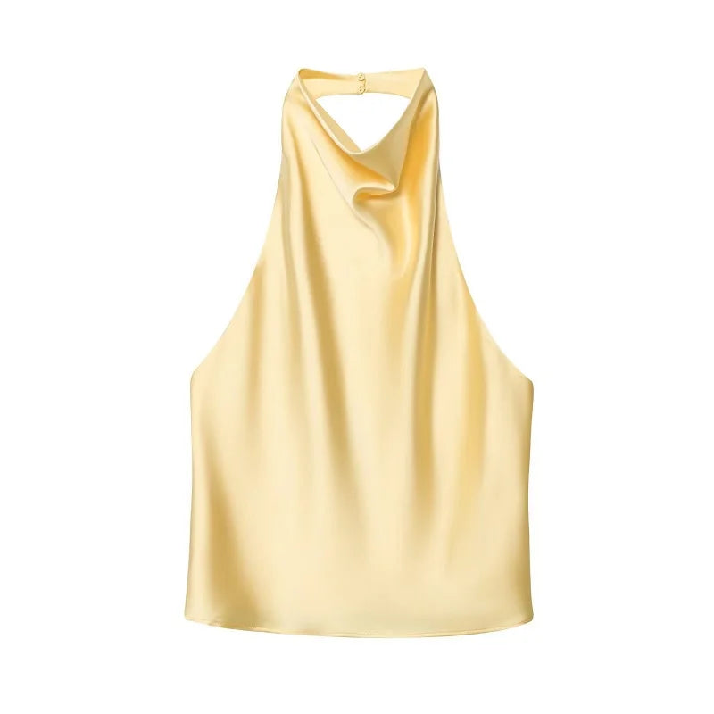 MUJER 2026 Halter Tops for Women Black Satin Backless Top Female Pink Summer Beach Top Woman off Shoulder Camisole Top Women Quick Pick Grocers
