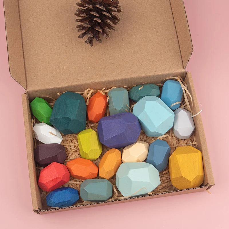Wooden Sorting Stacking Rocks Stones Sensory Toddler Toys Learning Montessori Toys Building Blocks Game for Kids Birthday Gifts Purest Peak