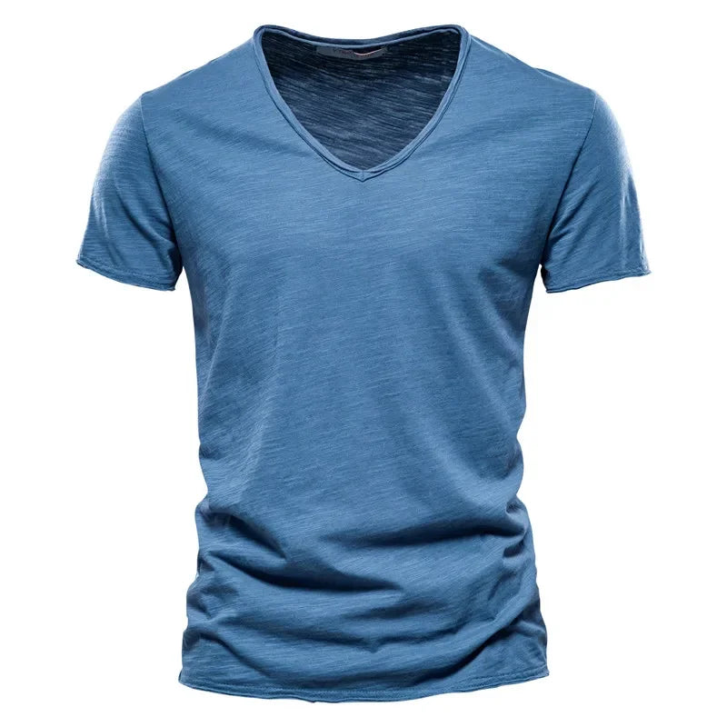 Brand Quality 100% Cotton Men T-shirt V-neck Fashion Design Slim Fit Soild Male Tops Tees Short Sleeve Quick Pick Grocers