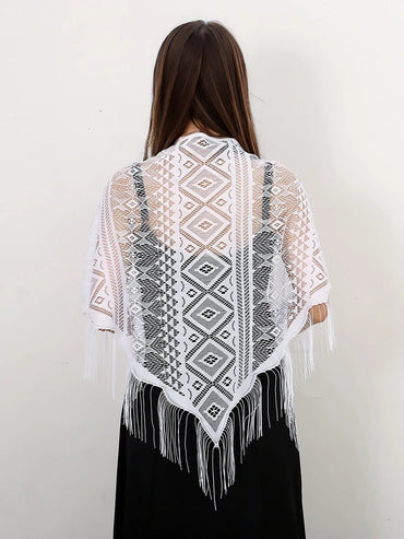 Fashion Lace Hollow Tassel Triangle Scarf Embrodiery Women Headscarf Female Spring Summer Shawls Scarves Long Veil Floral Scarf Quick Pick Grocers