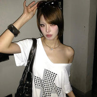 Karrram Japanese Y2k Metal Cross Print T-shirt Trashy 2000s V-neck Sheer Tops Vintage Harajuku Short Sleeve Streetwear Grunge Quick Pick Grocers