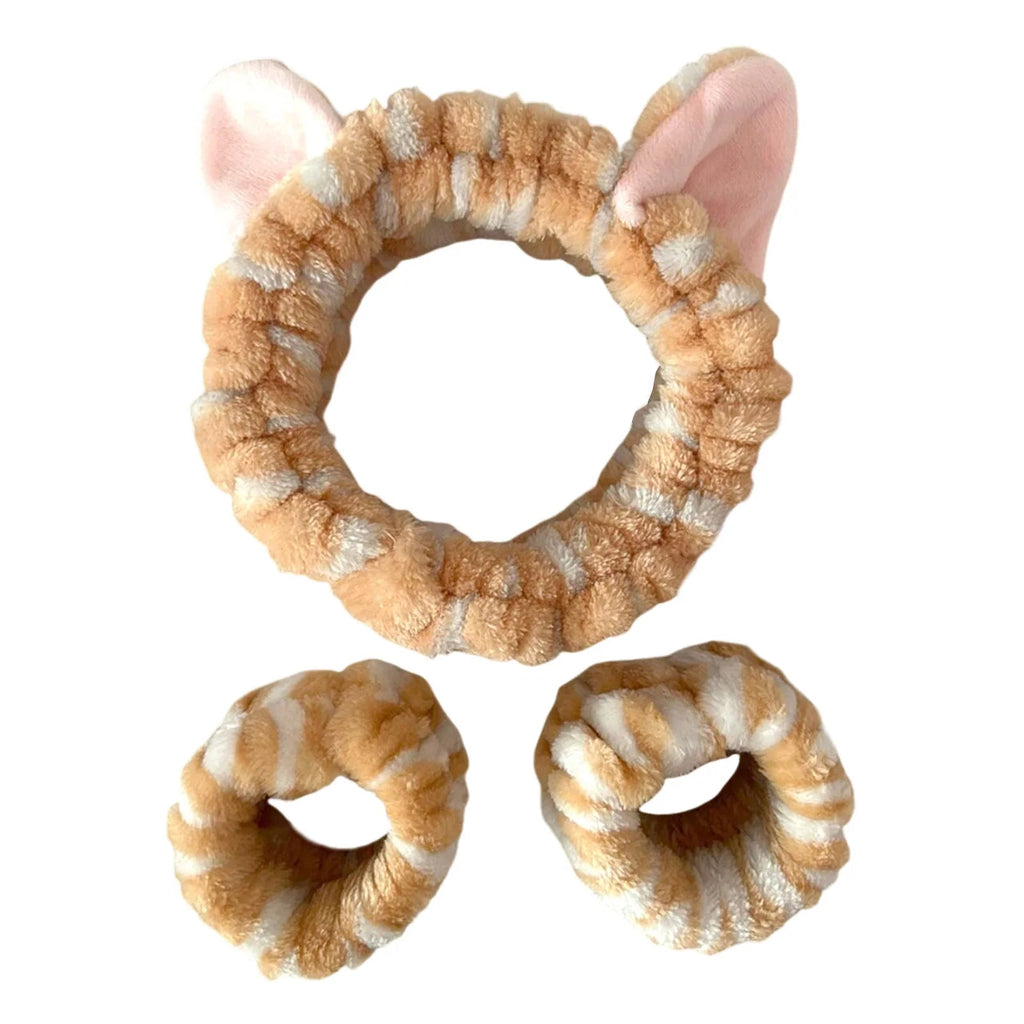 3pcs Wash Face Headband Soft Comfortable Plush Headband Wrist Strap Set For Girls Cartoon Cat Ear Shaped Wash Up Headband Kit Econic Blanks