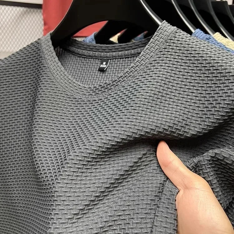 Men's Short Sleeve Mesh Bamboo Ice Silk T-shirt Casual Versatile Summer Elastic Slimming Top for Men Quick Pick Grocers