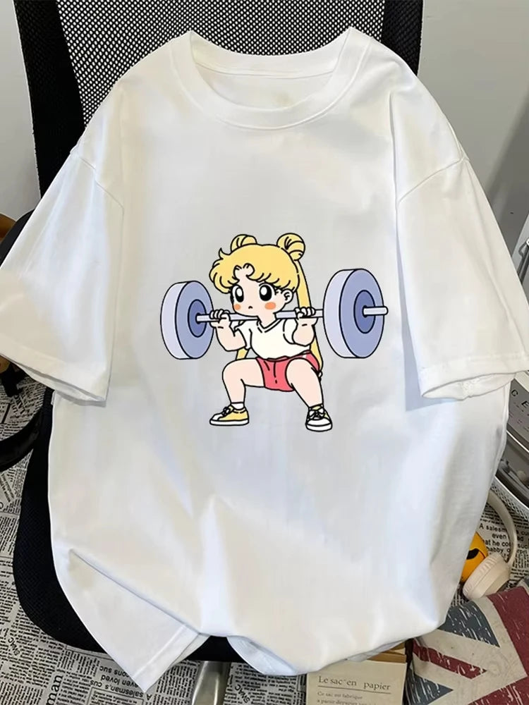 Sailor Moon Lifting Iron Fitness Women's T-Shirt Cotton Girl Children Parent-Child Summer Loose Cute Sweet Fun Short Sleeves Top Quick Pick Grocers