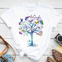 New Fashion Women T-shirt Colorful Butterfly Petal Print Short Sleeve and Round Neck Cute Graphic Tee Shirts Female Tops Clothin Quick Pick Grocers