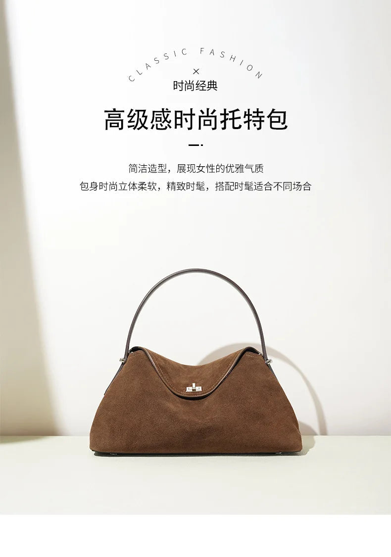 2026 Autumn Winter All-match Bowling Tote All-match Matte Suede Cowhide Leather Women Shoulder Bag Coffee Purple Noble Handbag Quick Pick Grocers