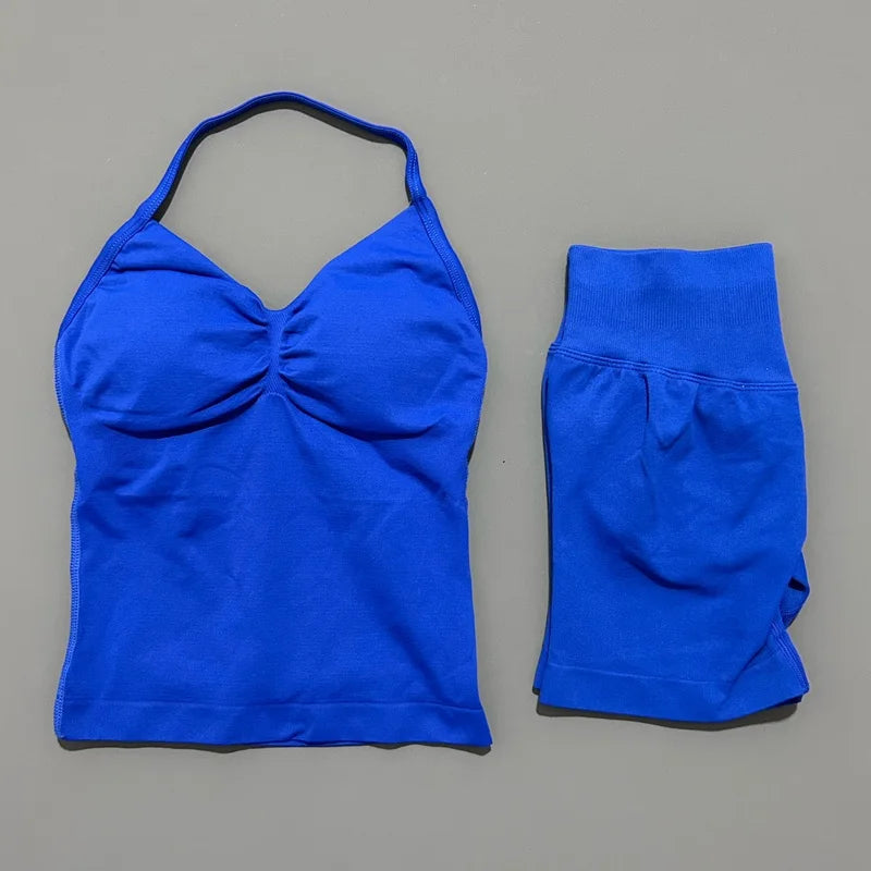 HISTELLO 2 Pieces Sports Set Women Yoga Longline Strap Top Scrunch Seamless Shorts Sport Gym Set Sportswear Workout Fitness Set Quick Pick Grocers