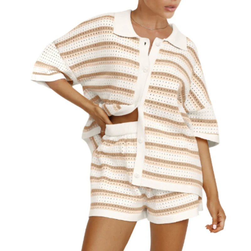 2025 Summer Women'S Hollow Striped Knitted 2 Pieces Set Short Sleeve Flip Collar Cardigan Single Breasted Casual Shorts Suits Quick Pick Grocers