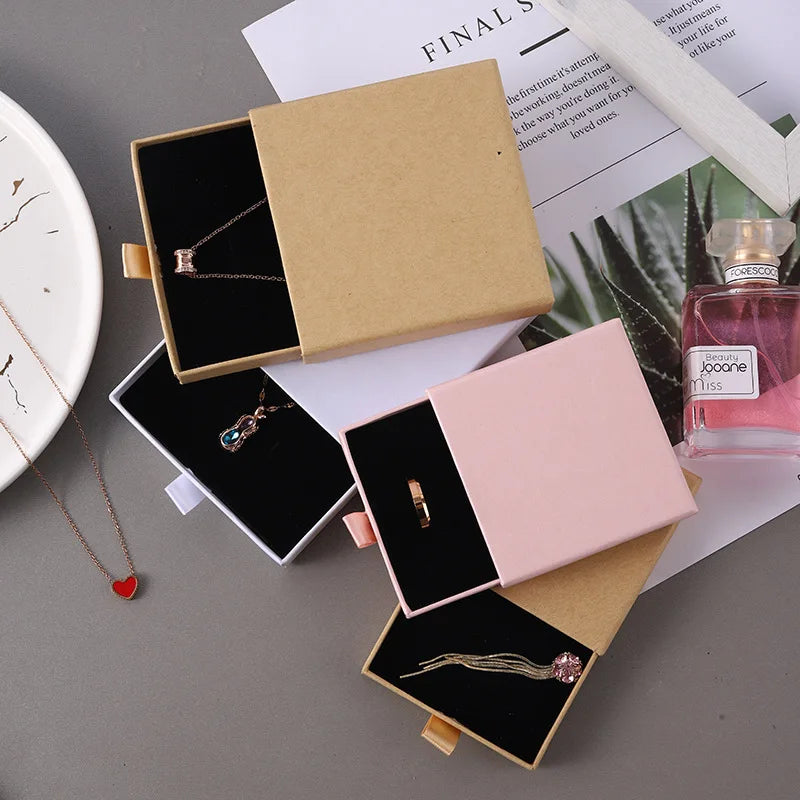 10pcs 8x8x1.7cm Kraft Paper Drawer Travel Jewelry Packaging Box Greeting Card Necklace Bracelet Earrings Gift Organizer Case Box Purest Peak