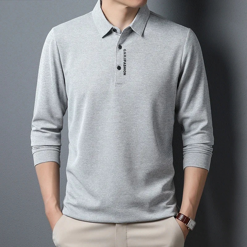 Men's Waffle Long Sleeved POLO Shirt with Letter Printed Lapel Casual Top Quick Pick Grocers