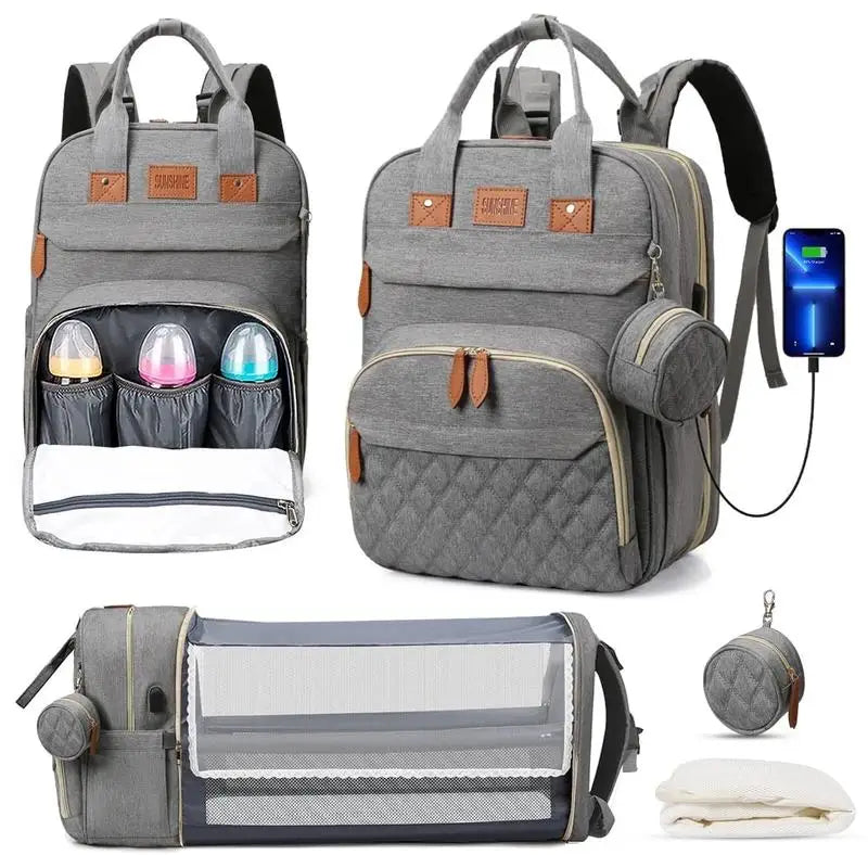 3 In 1 Diaper Bag Backpack Foldable Baby Bed Waterproof Travel Bag with USB Charge Diaper Bag Backpack with Changing Bed 3 types Purest Peak