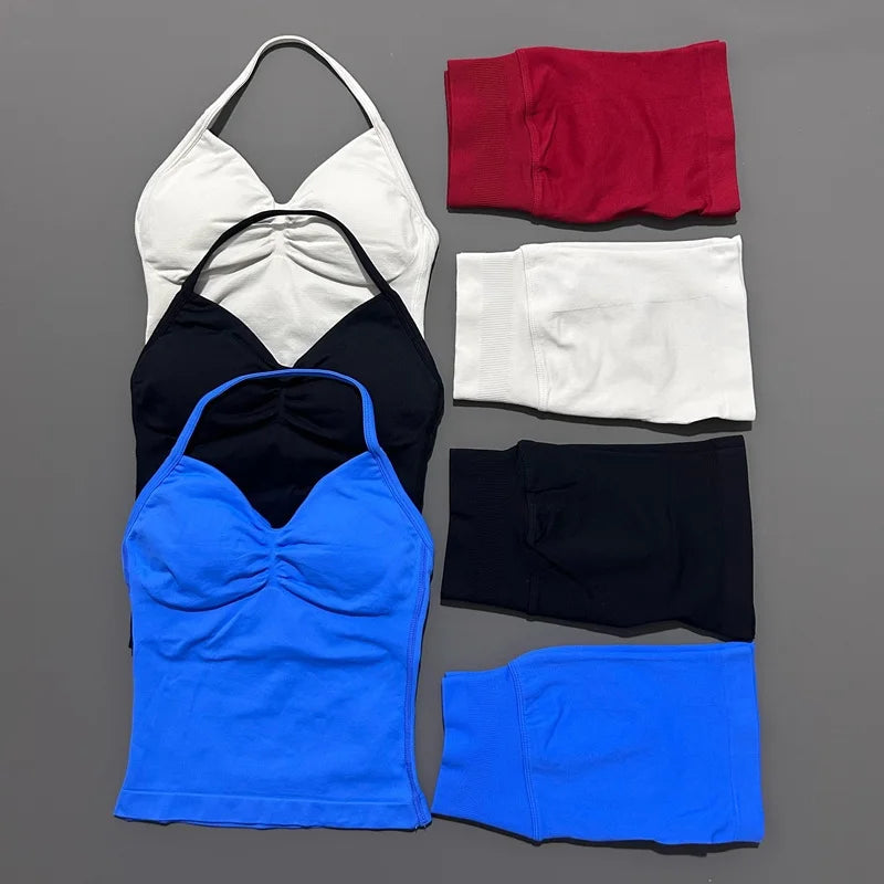 HISTELLO 2 Pieces Sports Set Women Yoga Longline Strap Top Scrunch Seamless Shorts Sport Gym Set Sportswear Workout Fitness Set Quick Pick Grocers