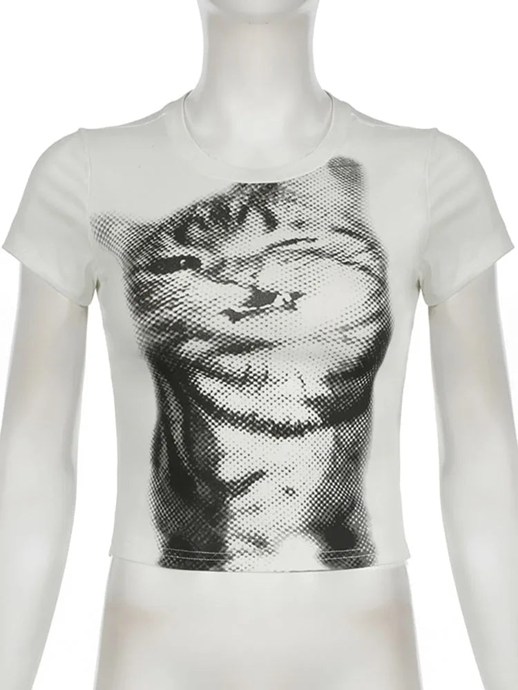 Harajuku Animal Print Crop Top Basic White Short Sleeve Crewneck T-shirt Women Casual Slim-fitting Tees Lady y2k Vintage Quick Pick Grocers