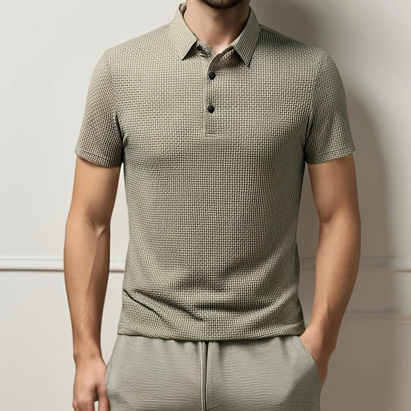 New Men's Business Casual Short Sleeved Bone Flower Solid Color POLO Shirt Fashion Breathable Comfortable Summer Versatile Top Quick Pick Grocers