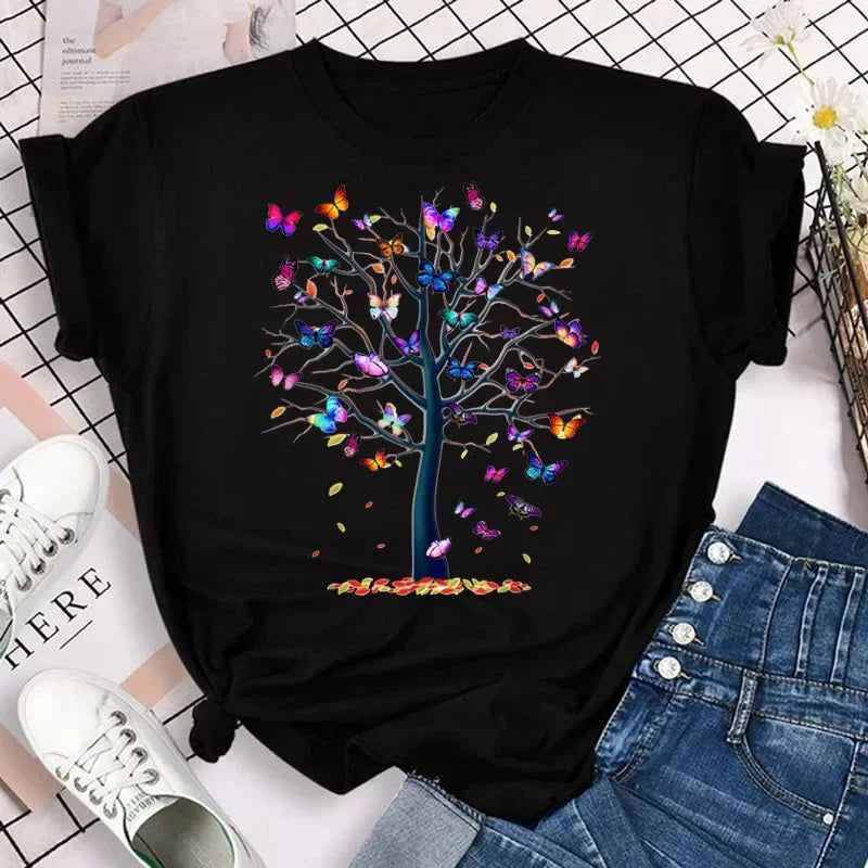 New Fashion Women T-shirt Colorful Butterfly Petal Print Short Sleeve and Round Neck Cute Graphic Tee Shirts Female Tops Clothin Quick Pick Grocers
