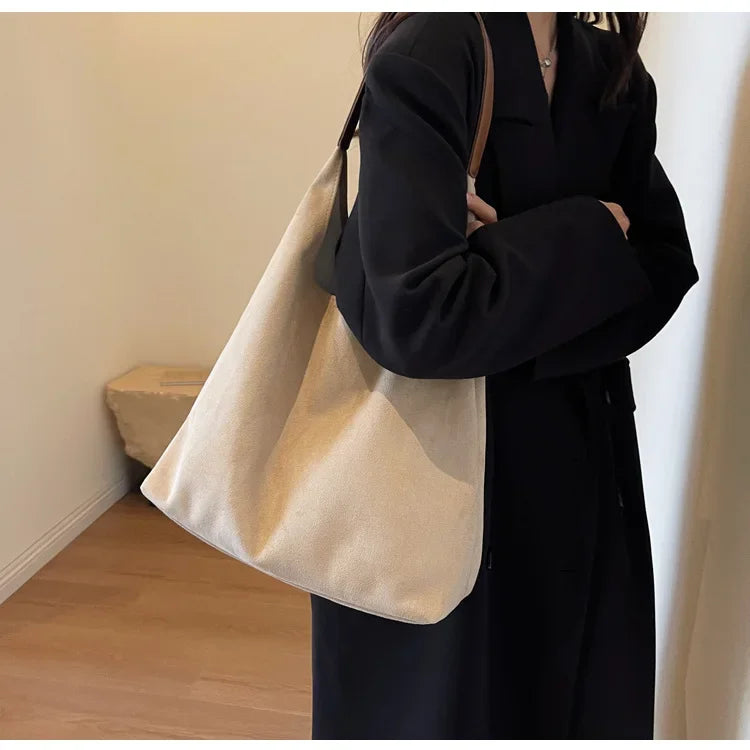 Autumn and Winter Vintage Women's Bag Large Capacity Suede Shoulder Bag Solid Color Simple Casual Commuter Bag Retro Handbags Quick Pick Grocers